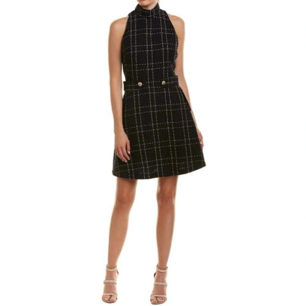 NWT Alexia Admor Avery Plaid Tweed Fit & Flare Dress Navy White Gold size Large - Picture 2 of 10